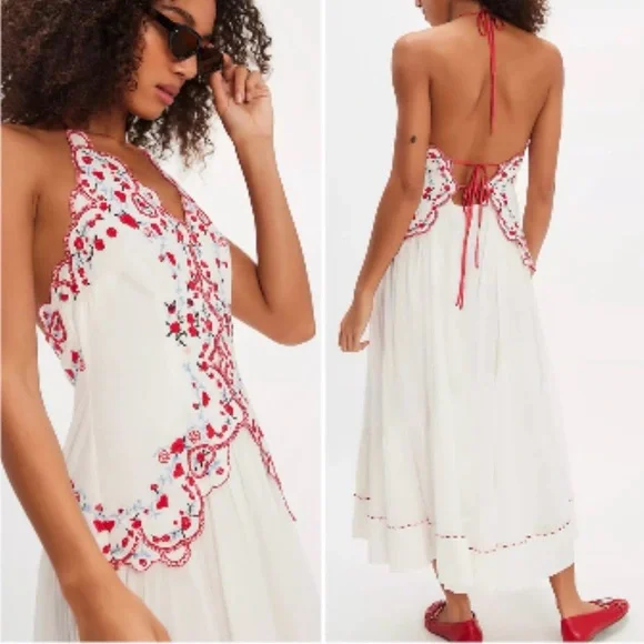 Free People White Maxi Cotton Dress with Red Embroidery - Picture 3 of 15